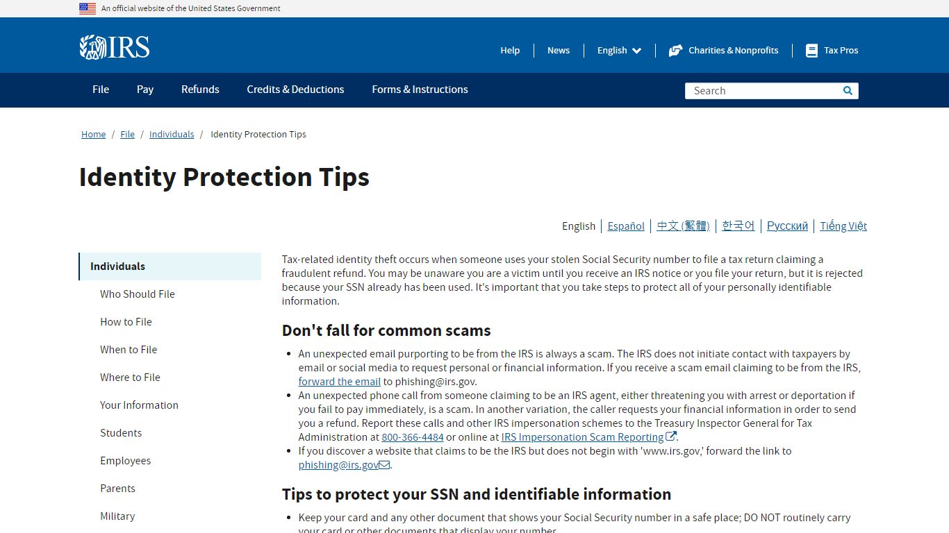 Identity Protection Tips | Internal Revenue Service - IRS tax forms